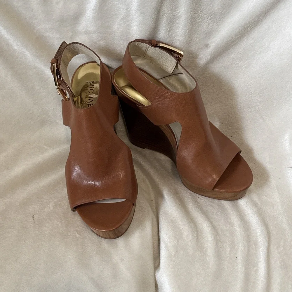 Michael Michael Kors Josephine Wedge Sandals Brown, Platform Woodblock Heel Sz 7